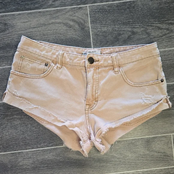 Free People Tan Jean Shorts Distressed Style - Picture 2 of 6